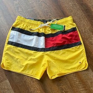 Tommy Hilfiger Men's Swim Trunks in Yellow with Red and Black Stripes